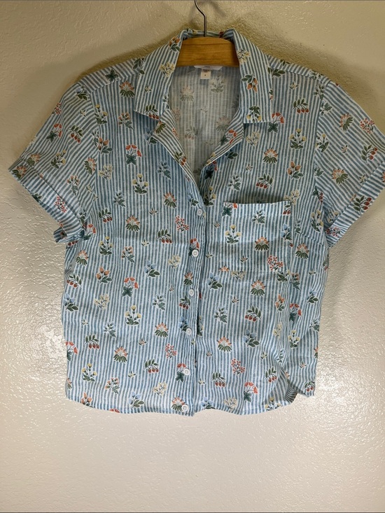Garnet Hill Tops - Garnet Hill Light Blue Striped Floral Linen Shirt size  8